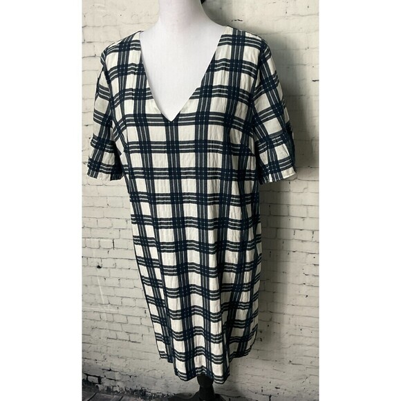 Madewell Blue White Plaid Ruffle Sleeve Babydoll Dress Popover Mini Size 12 - Picture 6 of 14